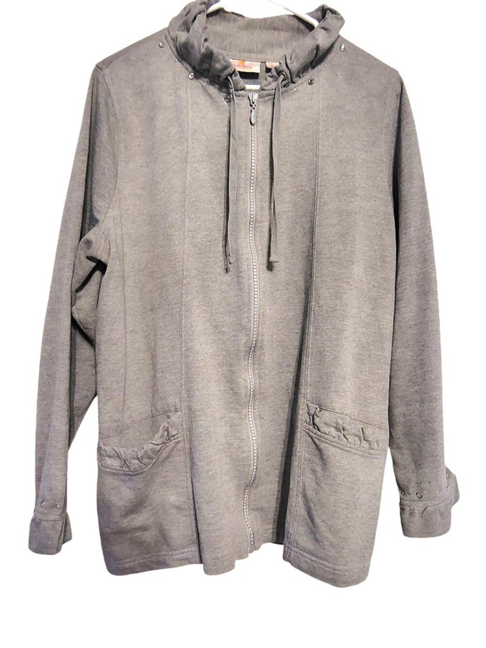 Quacker Factory Large Zip Front Hoodie Jacket Rhinestone Accents Drawstring Hood